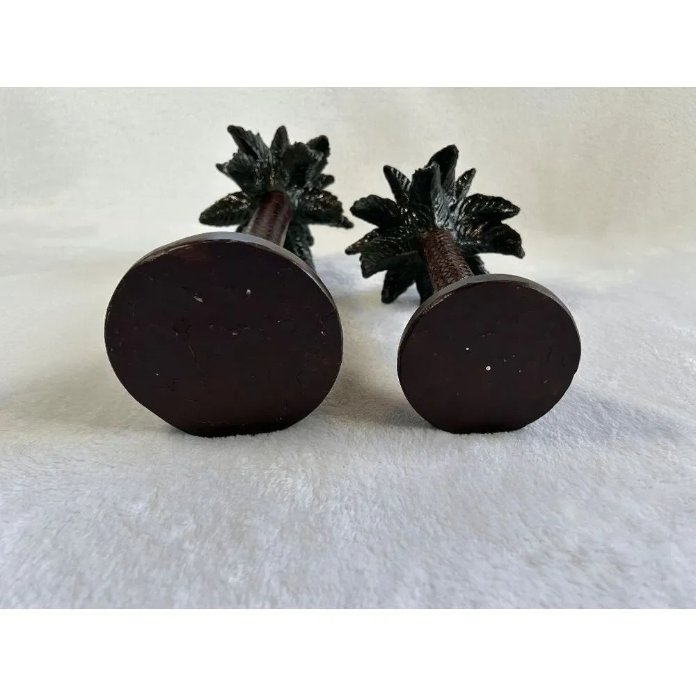 Resin Art Deco Tropical Palm Tree Candle Holders Set, Woven, Heavy, 14